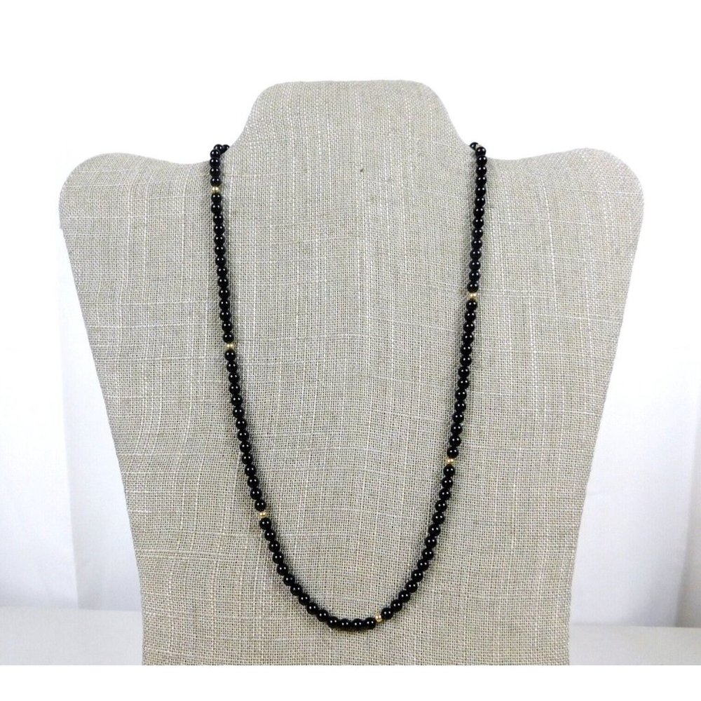 Vintage Black/Gold Tone Beaded Necklace 14K Spring Ring Clasp SEE DESCRIPTION